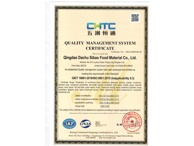 大厨四宝9001质量管理体系认证证书英文版2022.12.29-2024.12.15